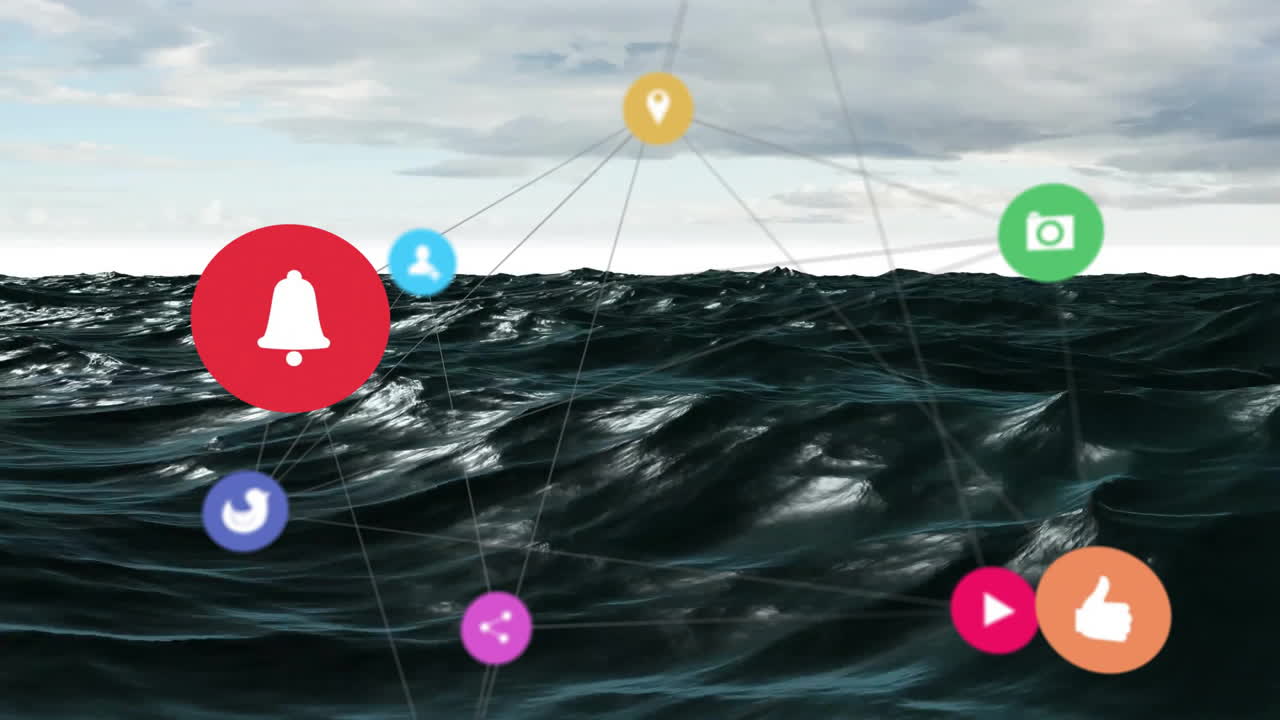 소셜 미디어 아이콘과 네트워크 연결: 바다의 파도 위의 애니메이션