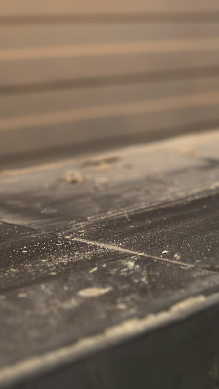 Staubiger Sägetisch mit am Anschlag platziertem Holzabschnitt, ruhige Werkstattszene mit Restbrett, warme Umgebung. Medien