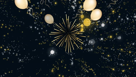 animación de globos y fuegos artificiales sobre fondo negro con puntos