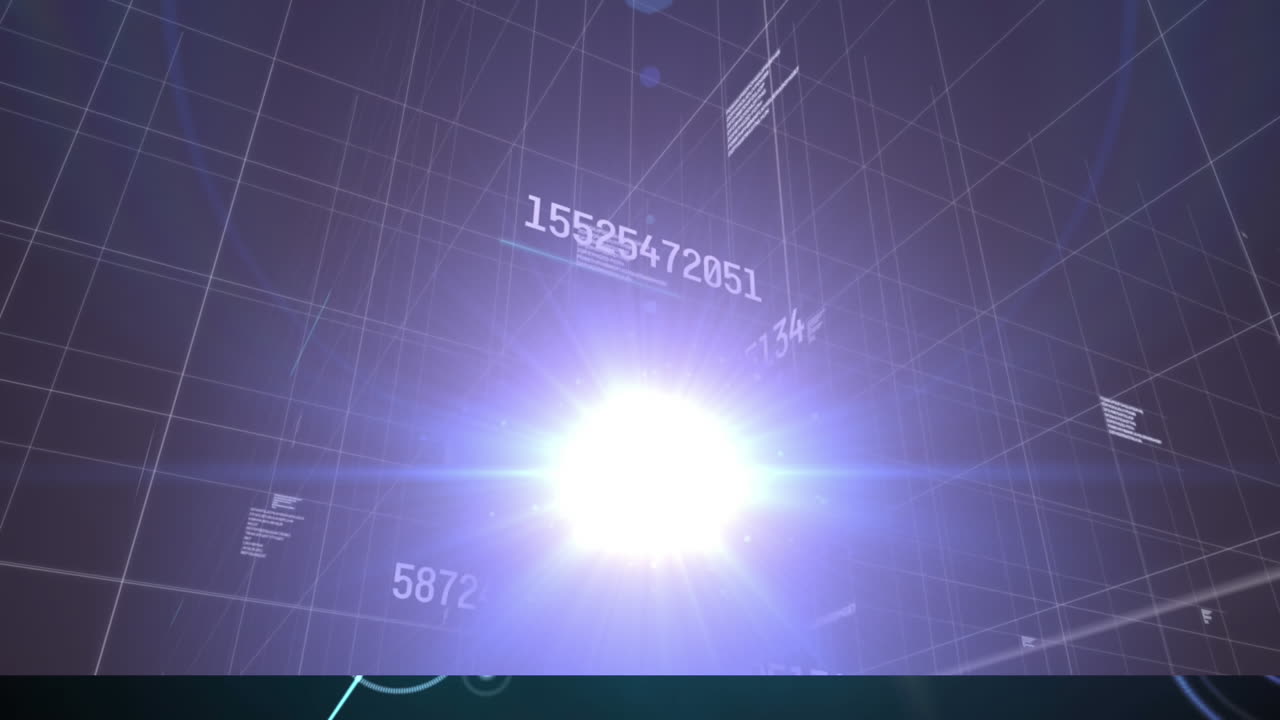 보라색 배경에 있는 그리드 위에 반 ⁇ 이는 빛을 통해 변하는 숫자의 애니메이션