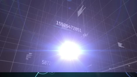 animación de números que cambian sobre una luz brillante sobre una cuadrícula sobre un fondo púrpura