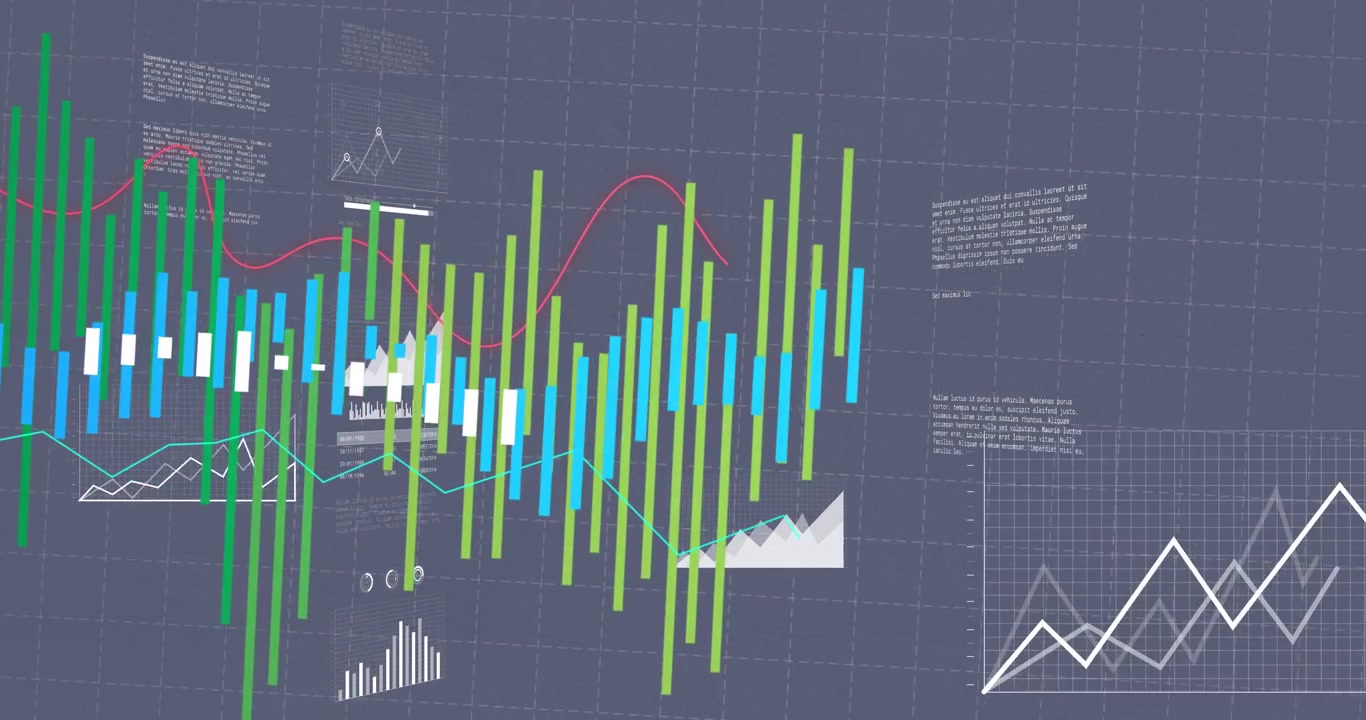 Animation of red line and financial data processing over grey background