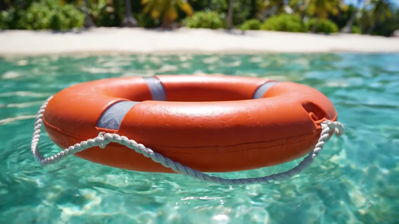 A vibrant orange life ring floats gently on crystal clear water, surrounded by lush tropical scenery, symbolizing safety and serenity in a picturesque beach environment.