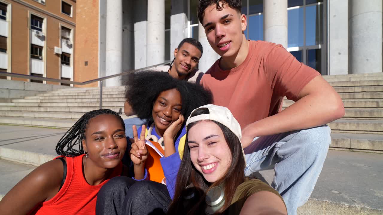 Glad mangfoldig gruppe studerende tager en selfie på campus' trapper