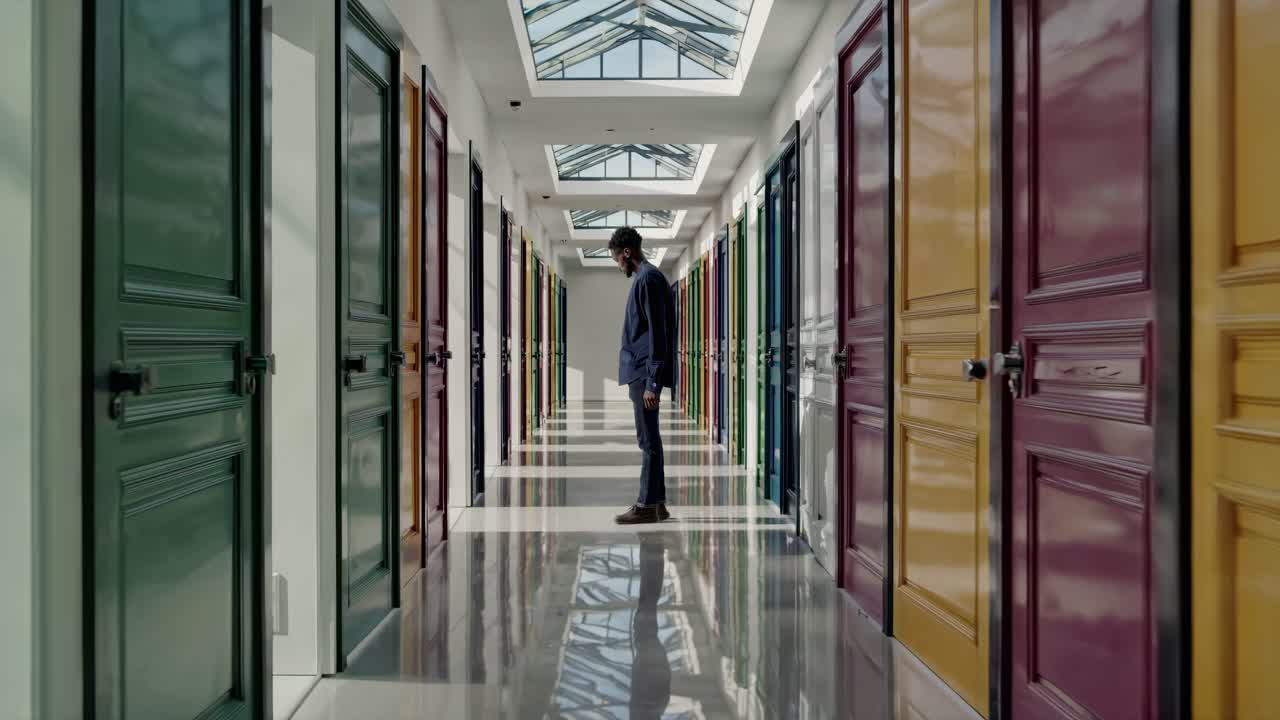 Man in a Colorful Hallway with Many Doors
