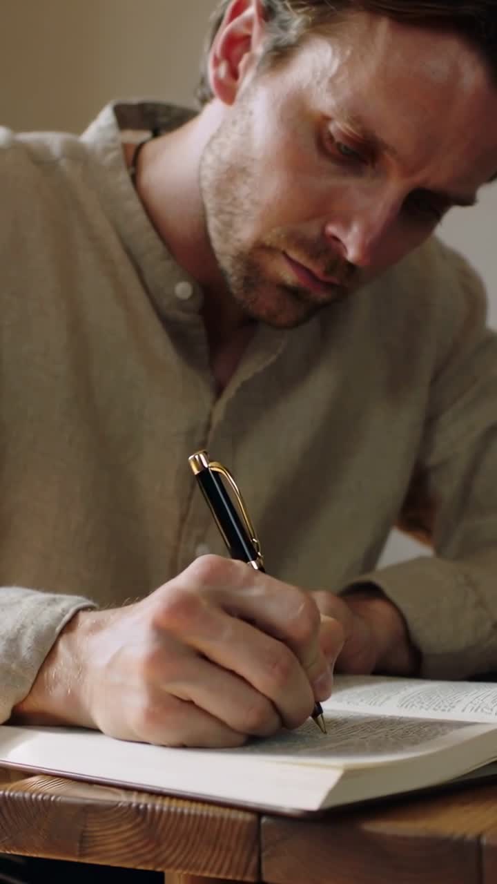 Video vertical: Colocando un bolígrafo dorado sobre un libro en una mesa de madera, hombre con camisa de lino escribiendo notas en casa.