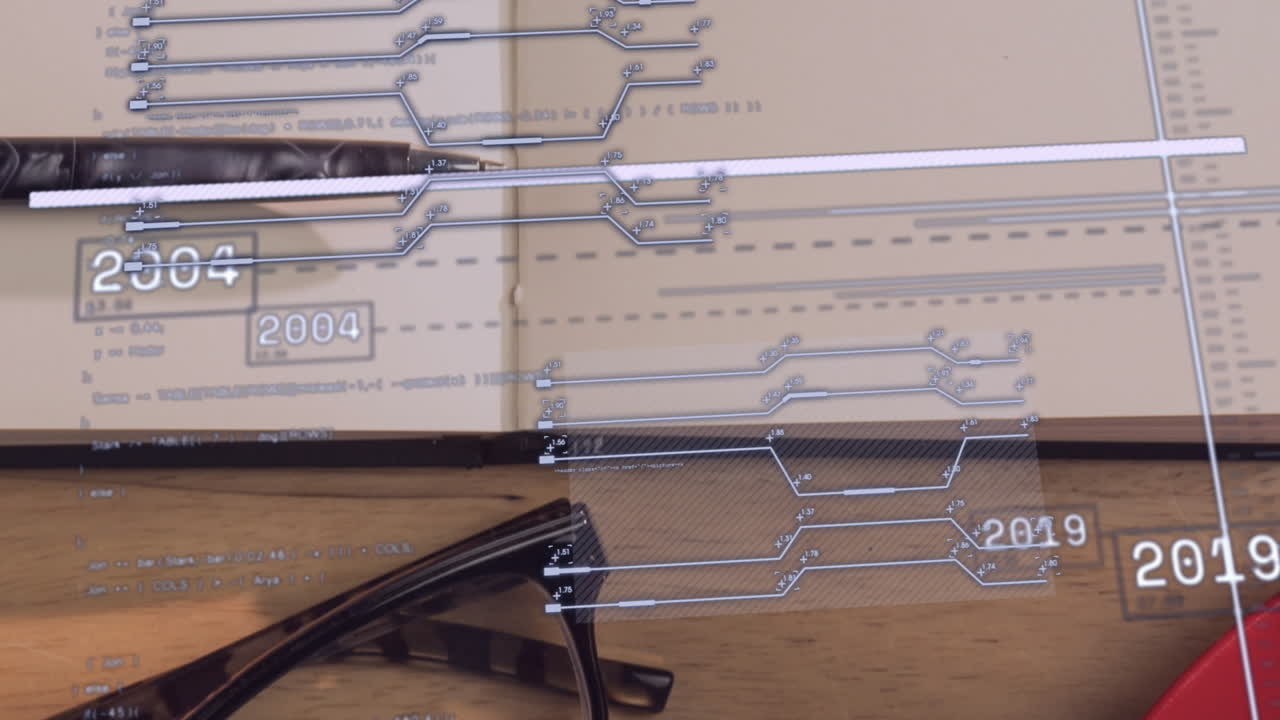 Circuit diagram animation over open book and eyeglasses on wooden table