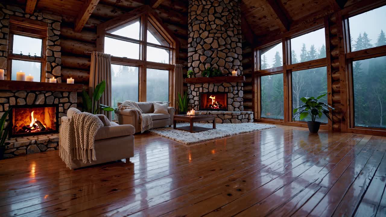 Cozy log cabin interior with stone fireplace, large windows, and wooden floors