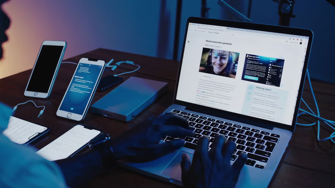 Person working on laptop and multiple mobile devices at night