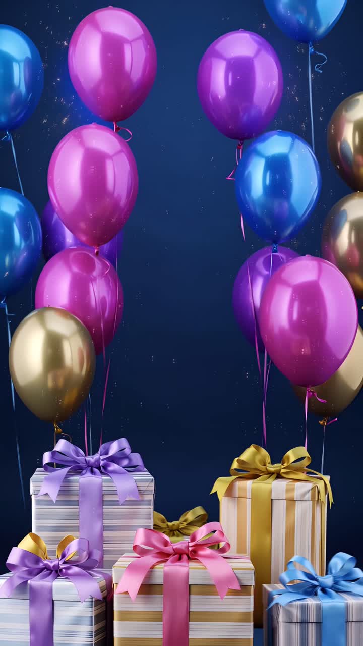 Video di sfondo di compleanno con palloncini e scatole regalo 4K