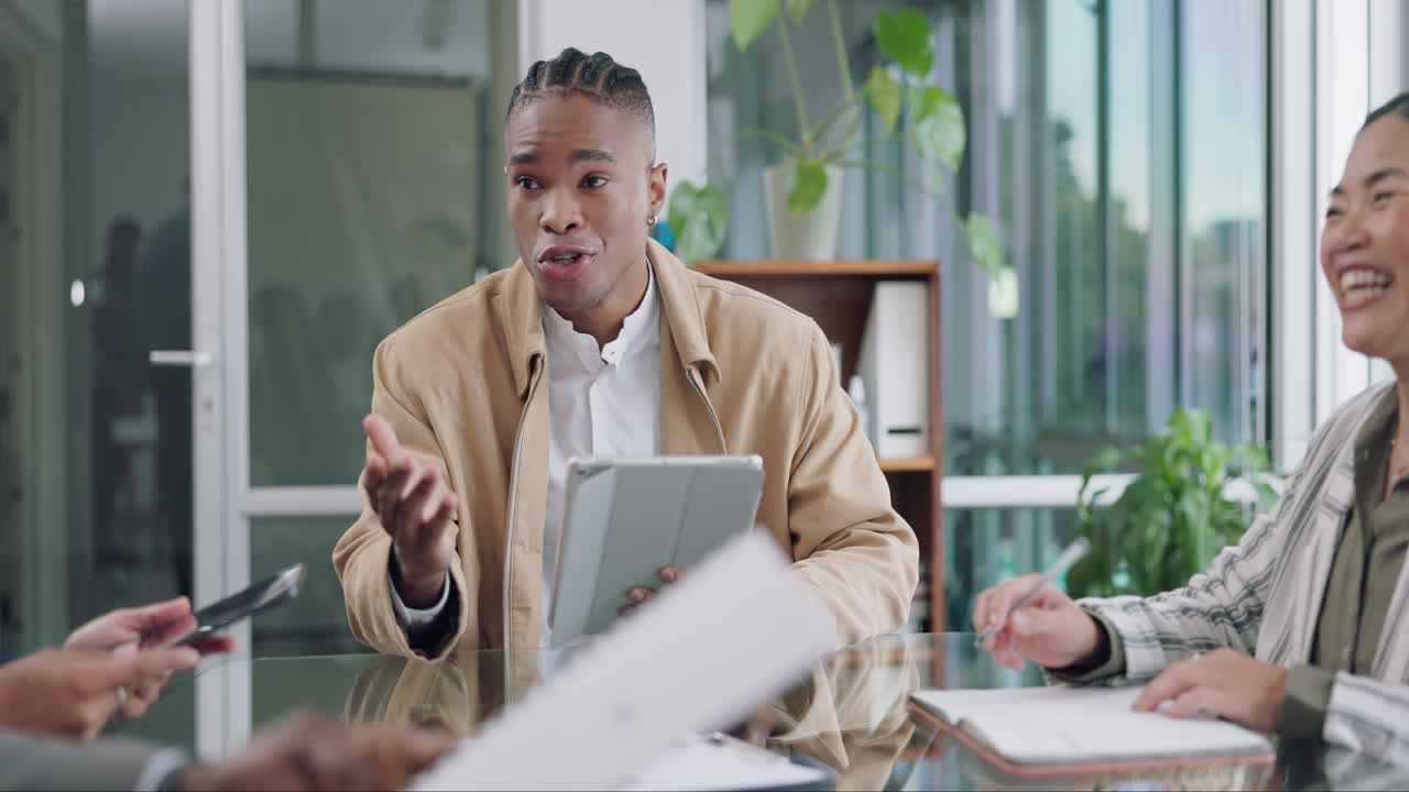 Tablet, business people and meeting with boss