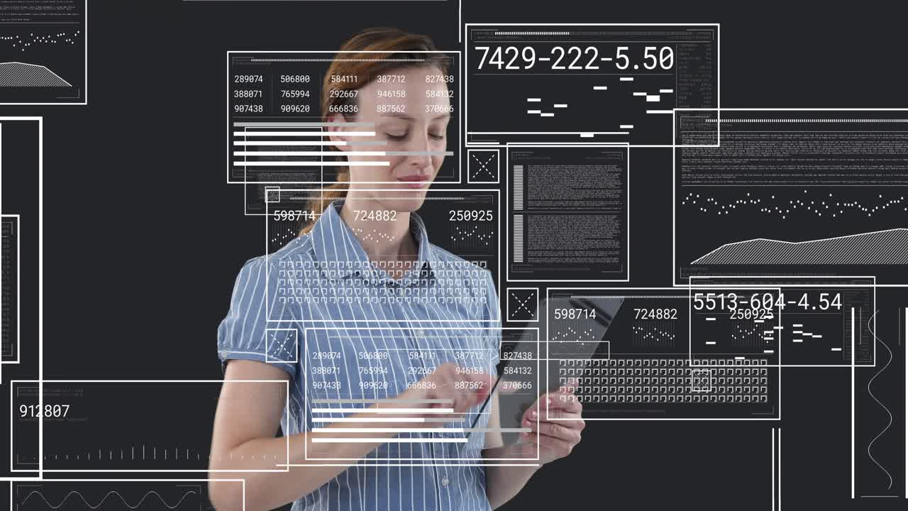 Mid adult woman tapping stylus to tablet to visualize data, materializing and animating tech panels