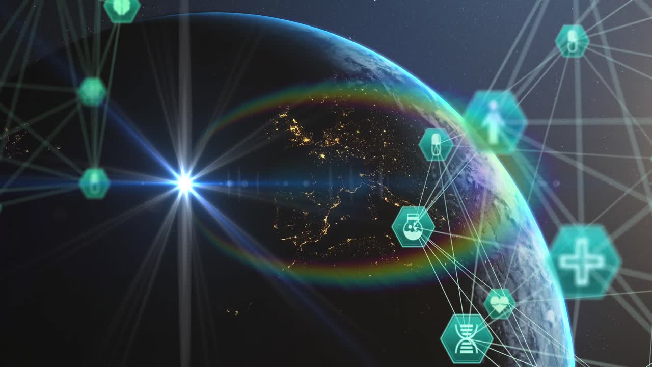 Network of connection icons against globe spinning