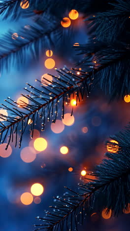 festive lights shining through evergreen branches in winter evening