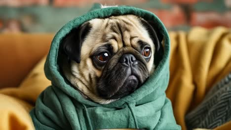 a pug dog wrapped up in a blanket with a cup of coffee