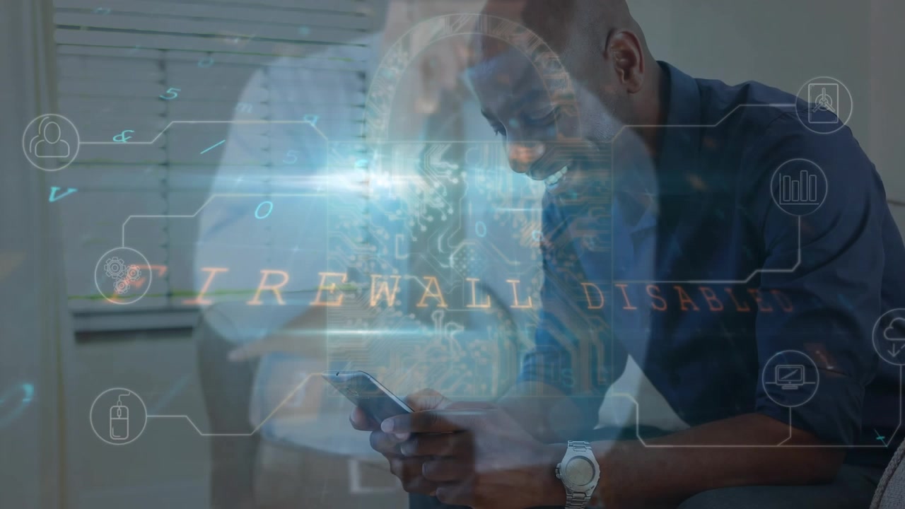 Animation of financial data processing over man using smartphone