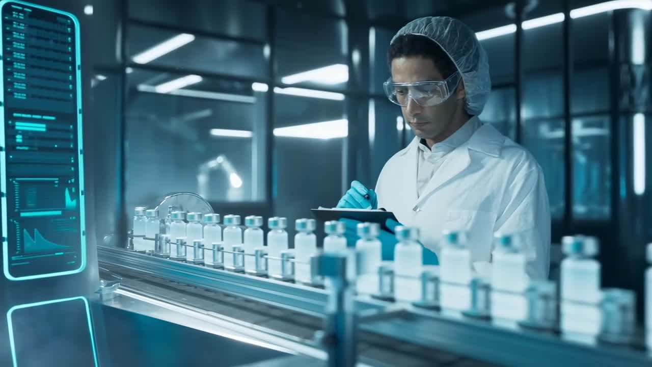 Scena video di un laboratorio futuristico con uno scienziato di profilo che esamina fiale su un nastro trasportatore