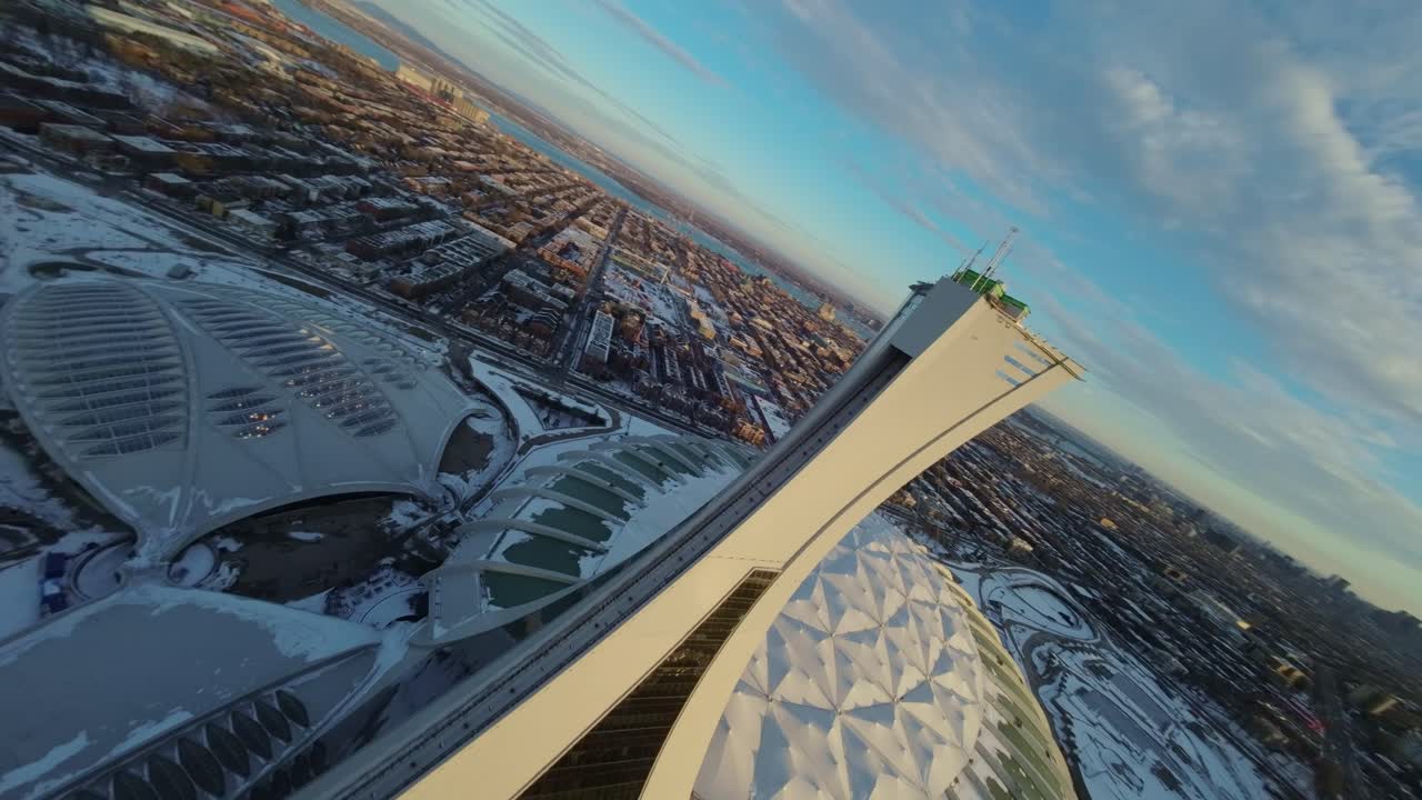 Aerial View of Montreal Olympic Stadium and Tower in Winter