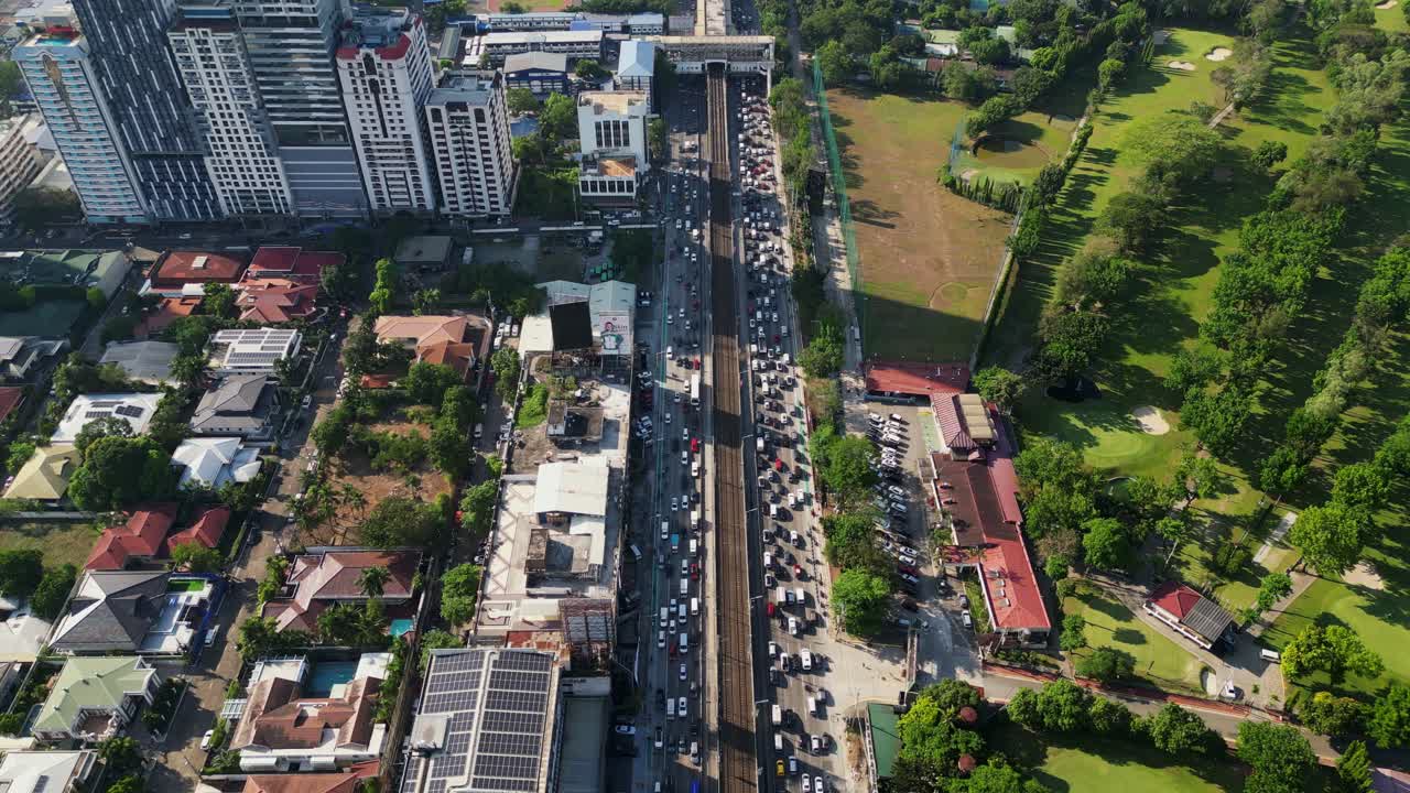 Heavy Traffic on EDSA (Epifanio de los Santos Avenue) In Metro Manila, Philippines. - aerial shot