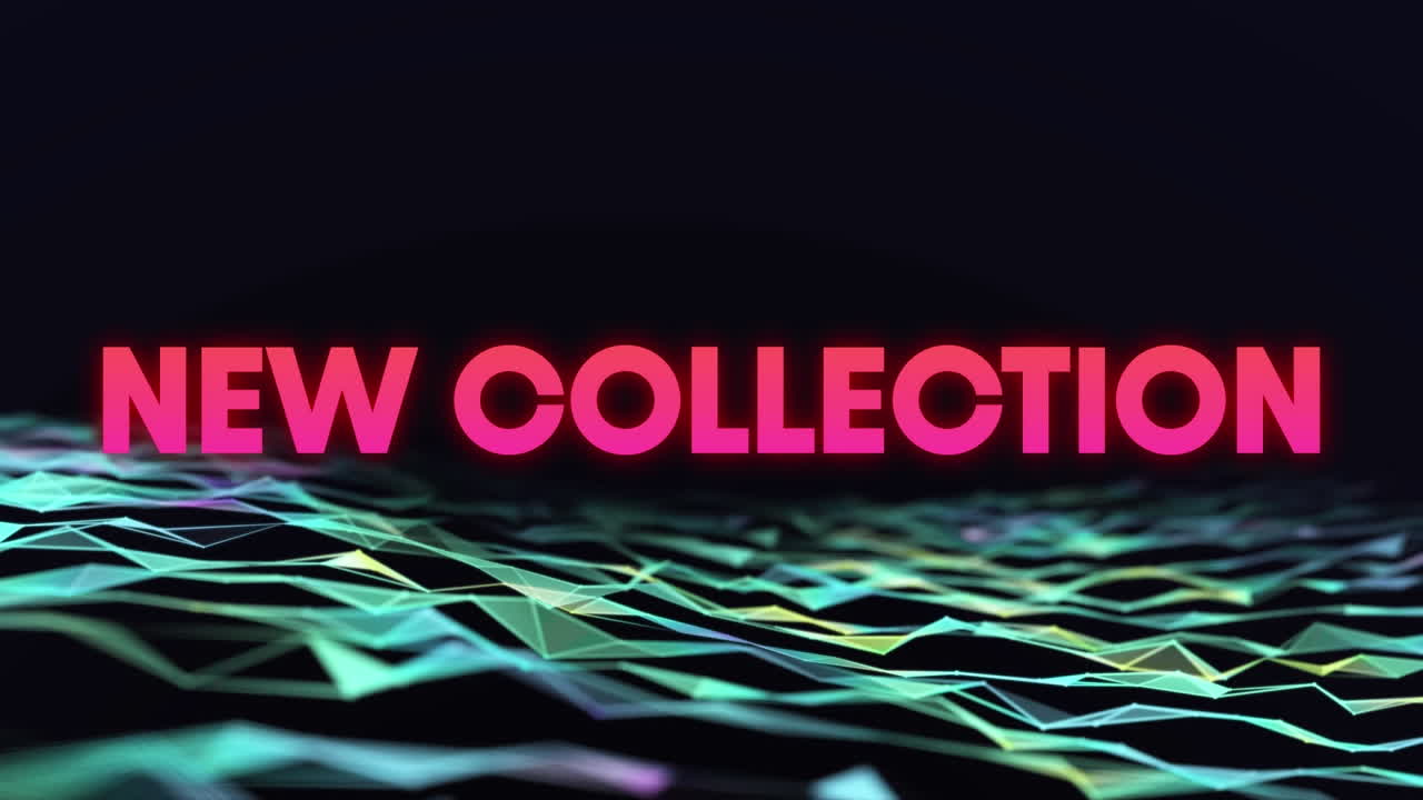 Animazione del testo "new collection" con lettere rosa su connessioni su sfondo nero.