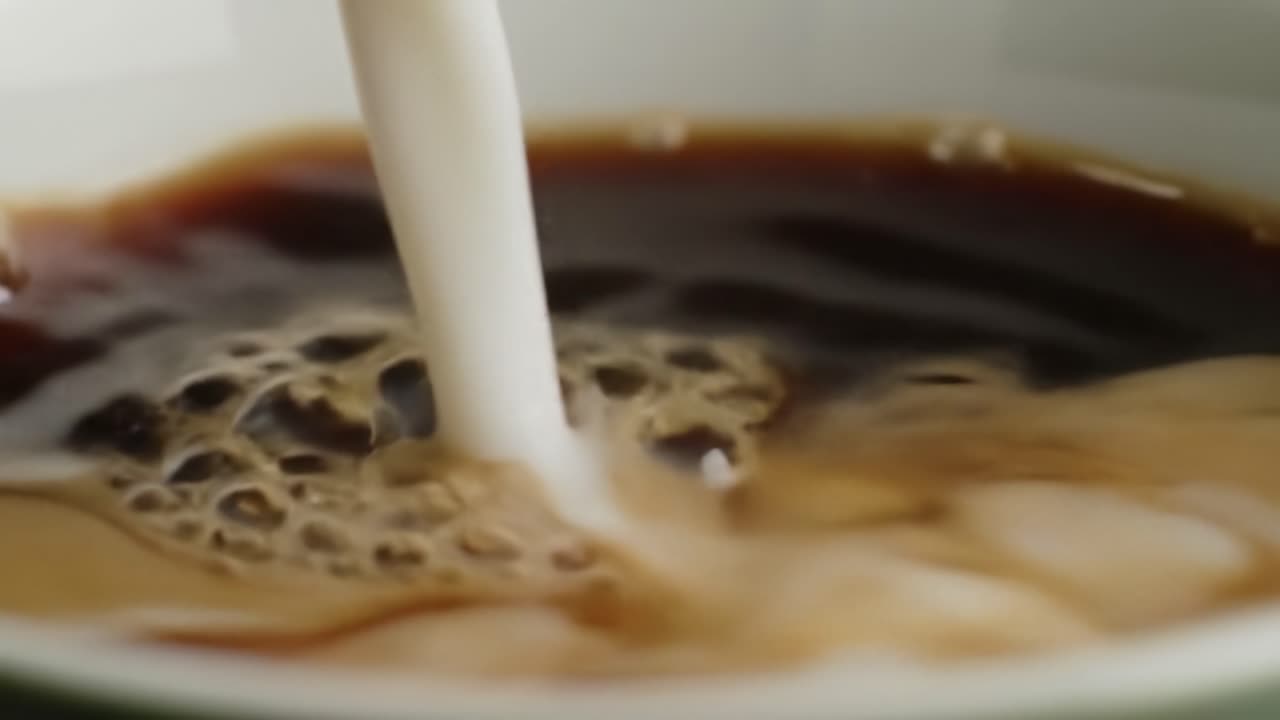 An Exquisite Dance of Cream and Coffee: Capturing the Moment of Cream Being Poured into a Rich, Dark Cup of Brew, Creating a Beautiful Melange of Flavors and Textures