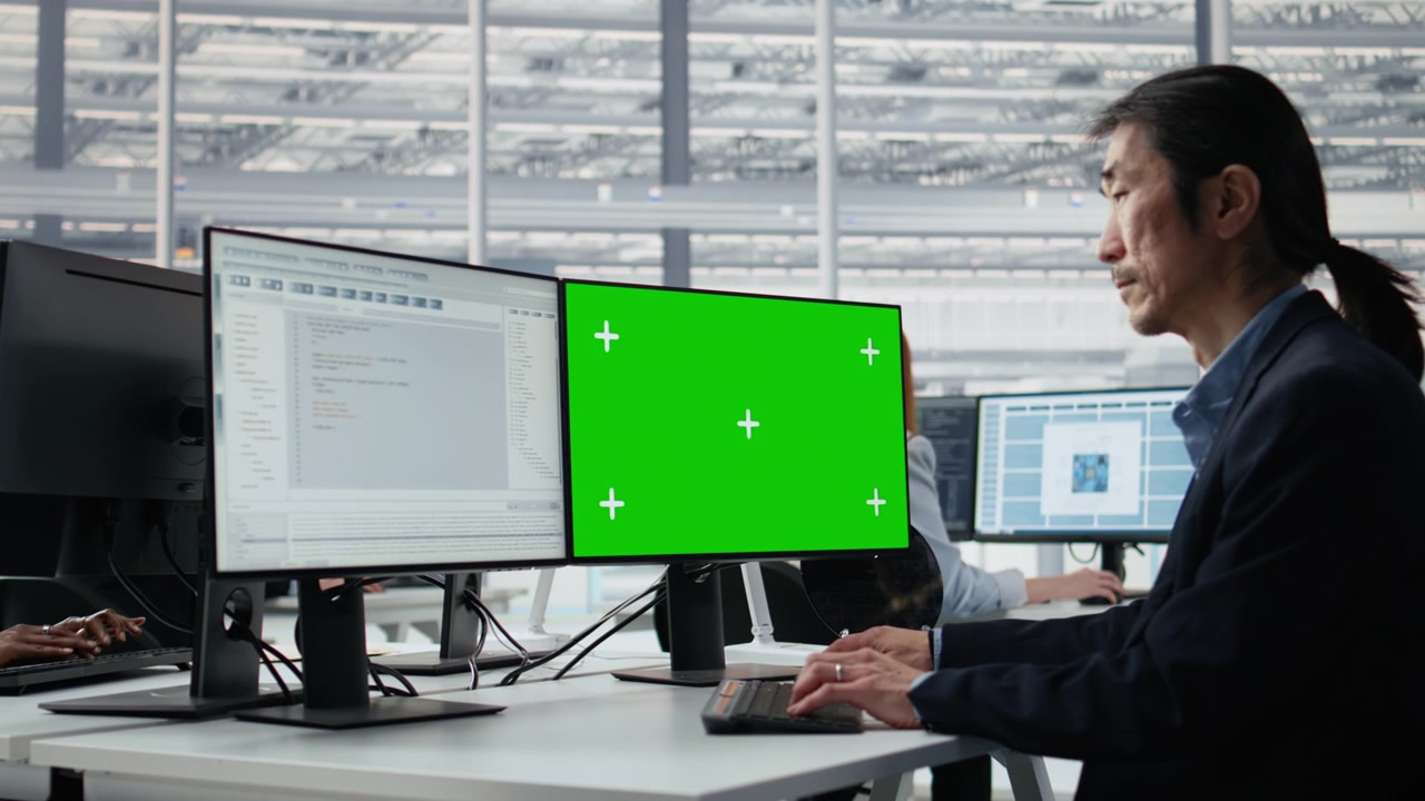 Uomo asiatico al computer con monitor a schermo verde