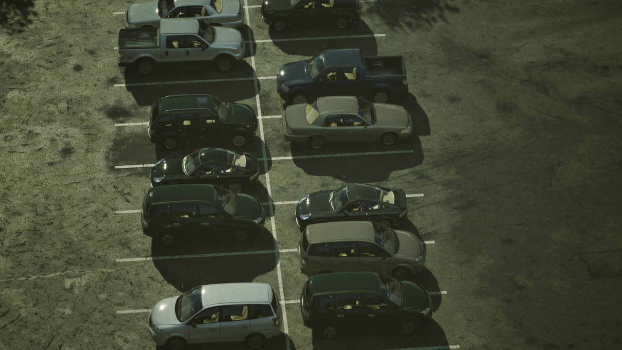 Parking lot filled with various cars in late afternoon light