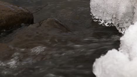 fresh water stream, water rolls over slippery rocks in upstate new york with icy banks dripping into the stream