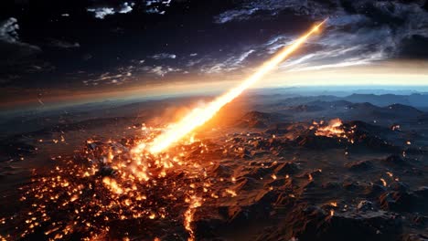 a fiery meteor streaks across the night sky above a burning landscape