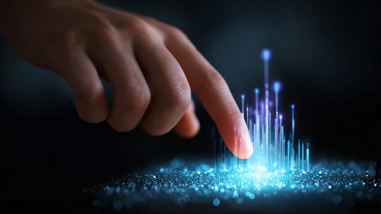 A captivating visual of a hand reaching towards a glowing, data-like structure on a dark surface, showcasing a blend of technology and creativity through luminous peaks and vibrant colors