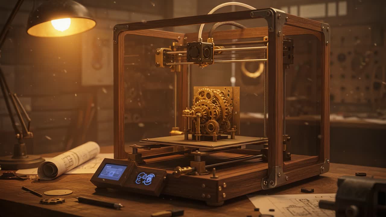 A Stunning Golden Gear Mechanism Being Printed in a Sophisticated 3D Printer, Showcasing Advanced Technology and Detailed Craftsmanship in a Workshop Environment