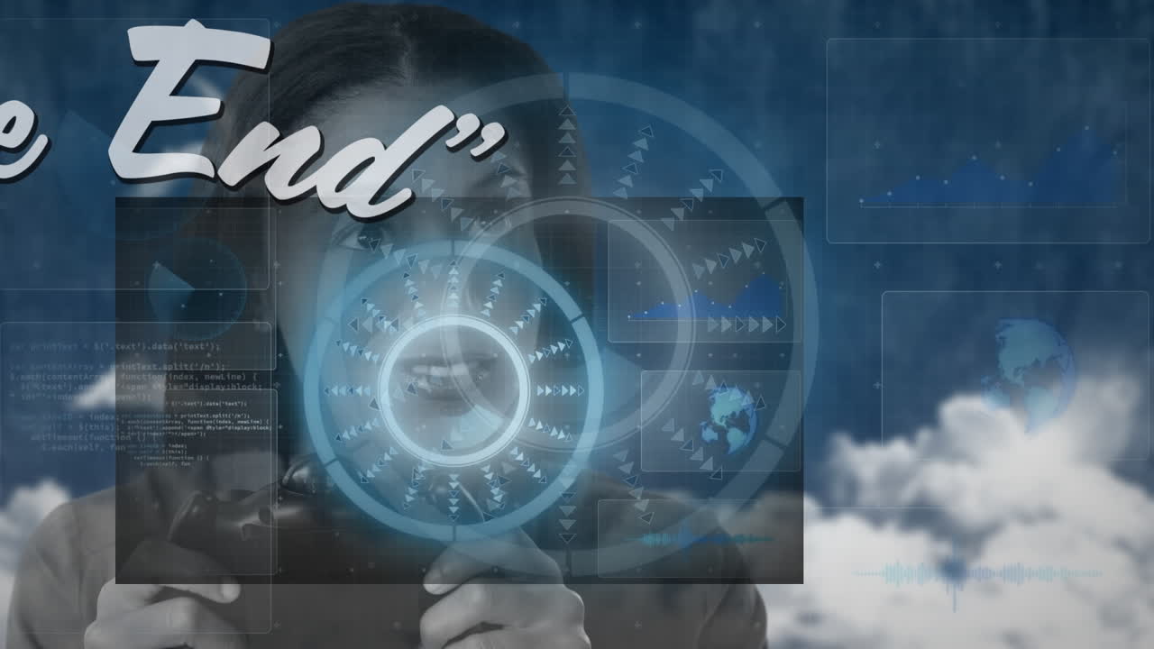 이중 인종 여성에 대한 끝의 애니메이션, 디지털 스크린과 구름에 대한 다양한 데이터.