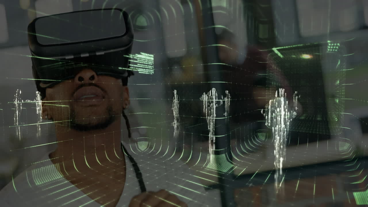 animazione dell'elaborazione dei dati sull'uomo che indossa l'auricolare