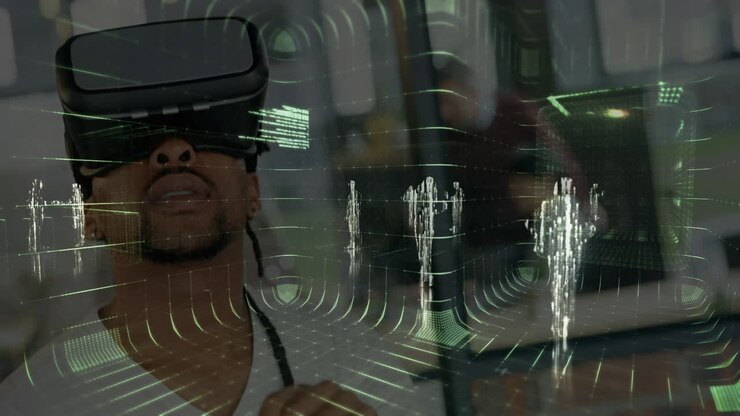 Animation of data processing over man wearing vr headset