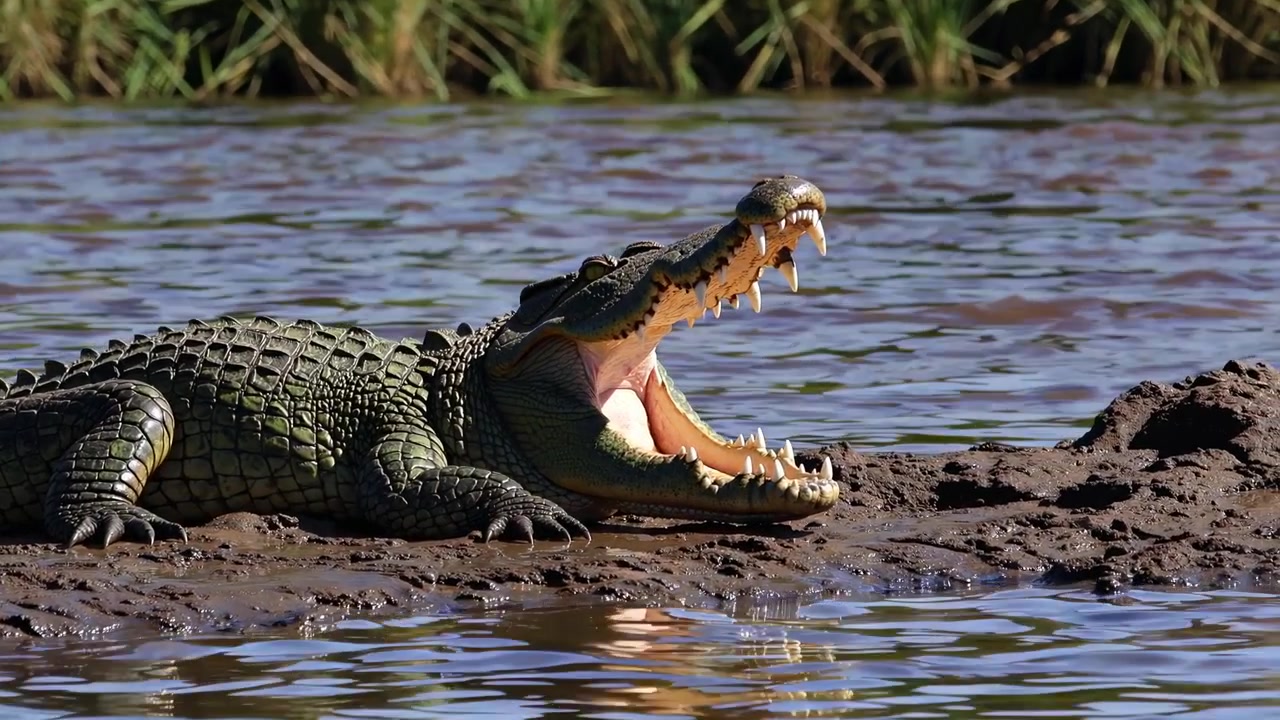 Grande coccodrillo con la bocca spalancata su una riva fangosa del fiume