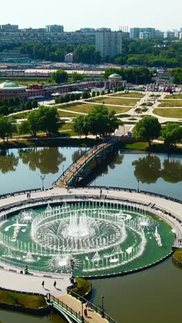 city park with fountain and bridge