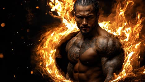 A man with tattoos on his arms stands in front of a fire. The fire is orange and is surrounding the man