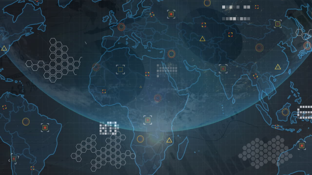 Animation of statistical data processing and light spot over spinning globe and world map