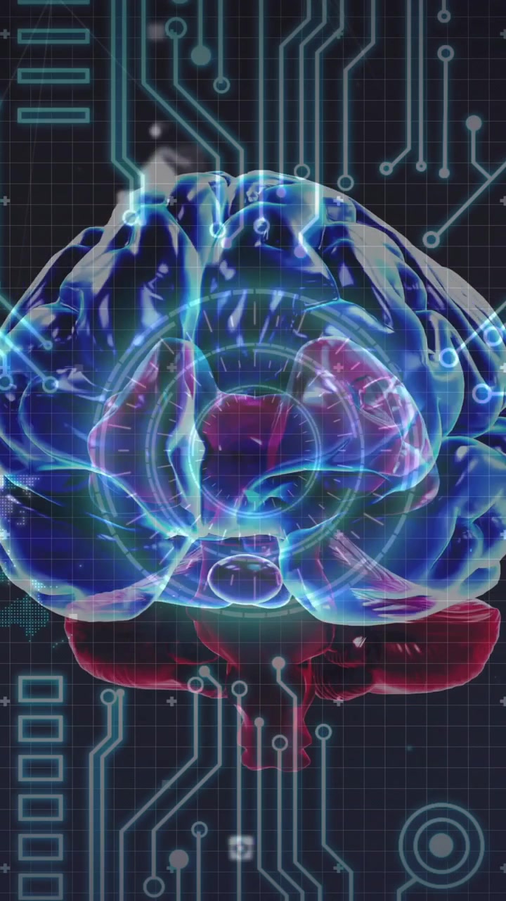 Animation of human brain and circuit board over globe
