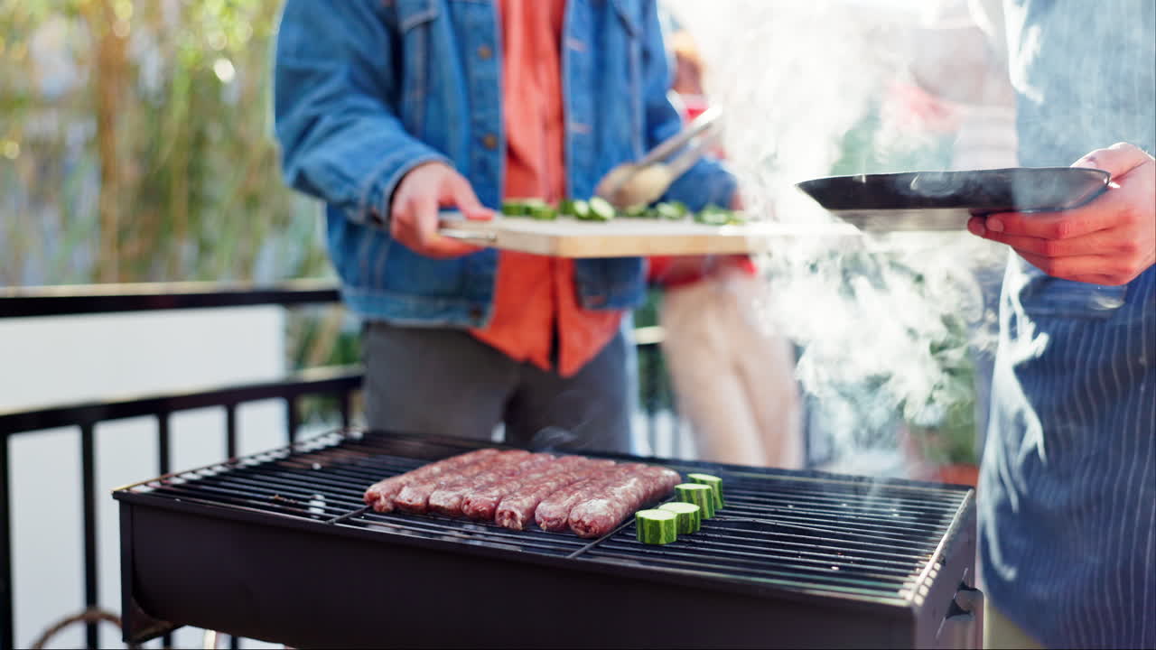 Outdoor barbecue with sausages and vegetables