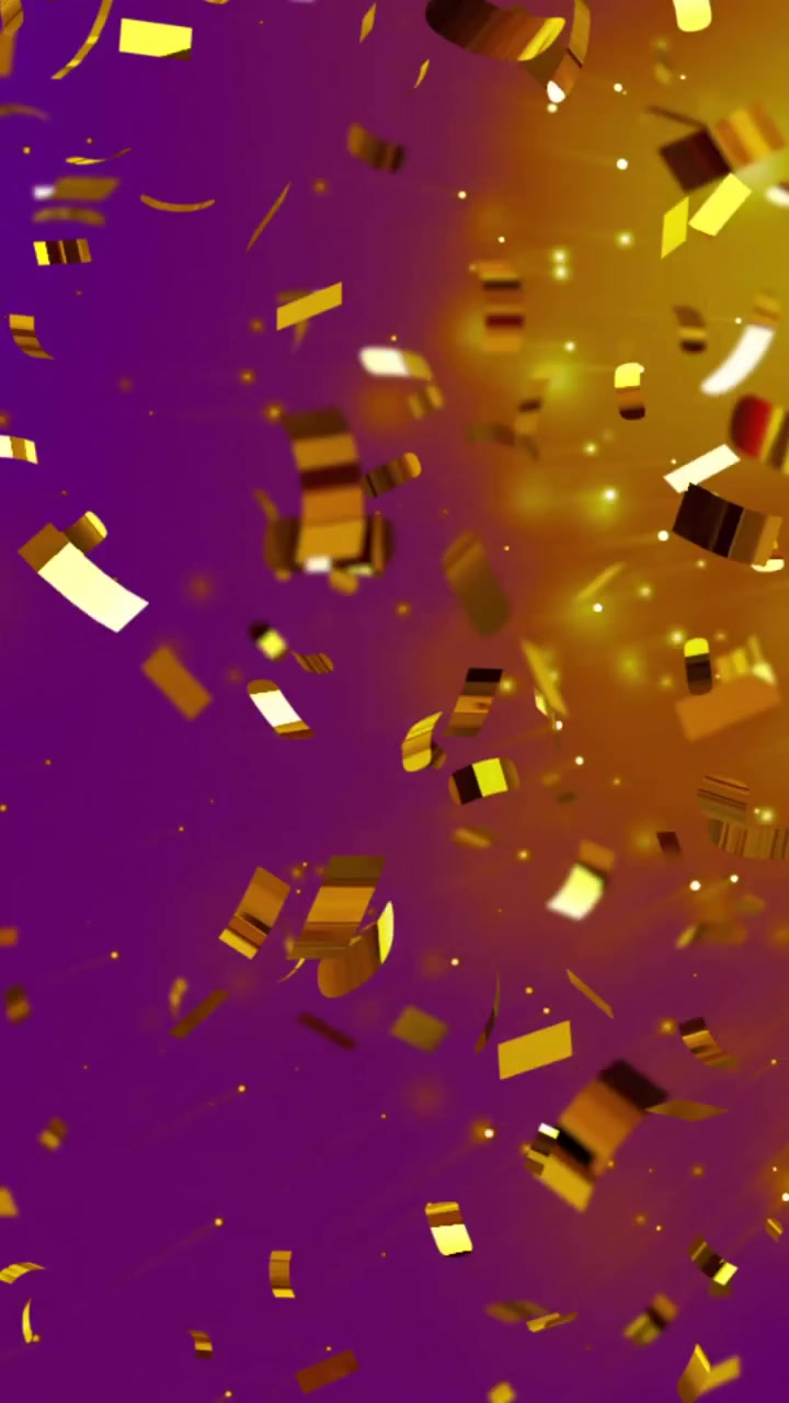 Coriandoli dorati che cadono su sfondo viola con animazione scintillante