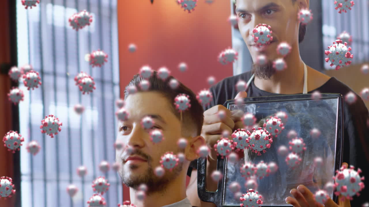 코로나19 세포는 이발사, 헤어스타일링 남자, 살롱에 대항합니다.