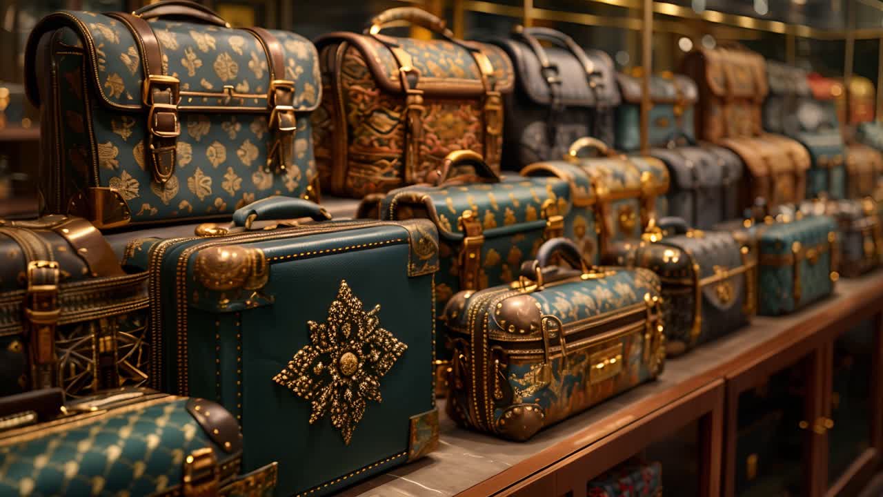 A Collection of Ornate Vintage-Style Luggage and Trunks