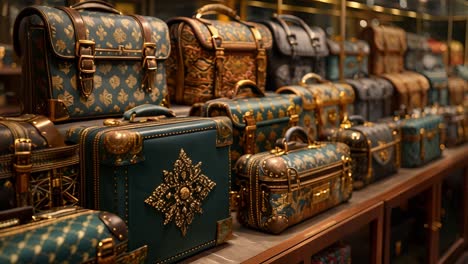 a collection of ornate vintage-style luggage and trunks