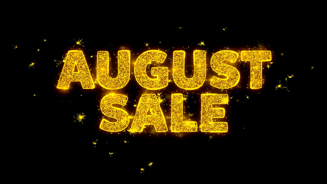 8월 판매 텍스트는 검은 바탕에 입자를 불꽃으로 만니다.