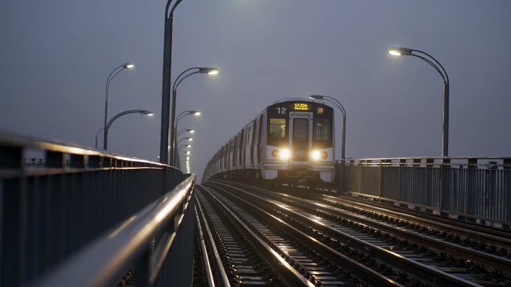 Dramatic video still of a train approaching on a foggy bridge, captured from a low angle