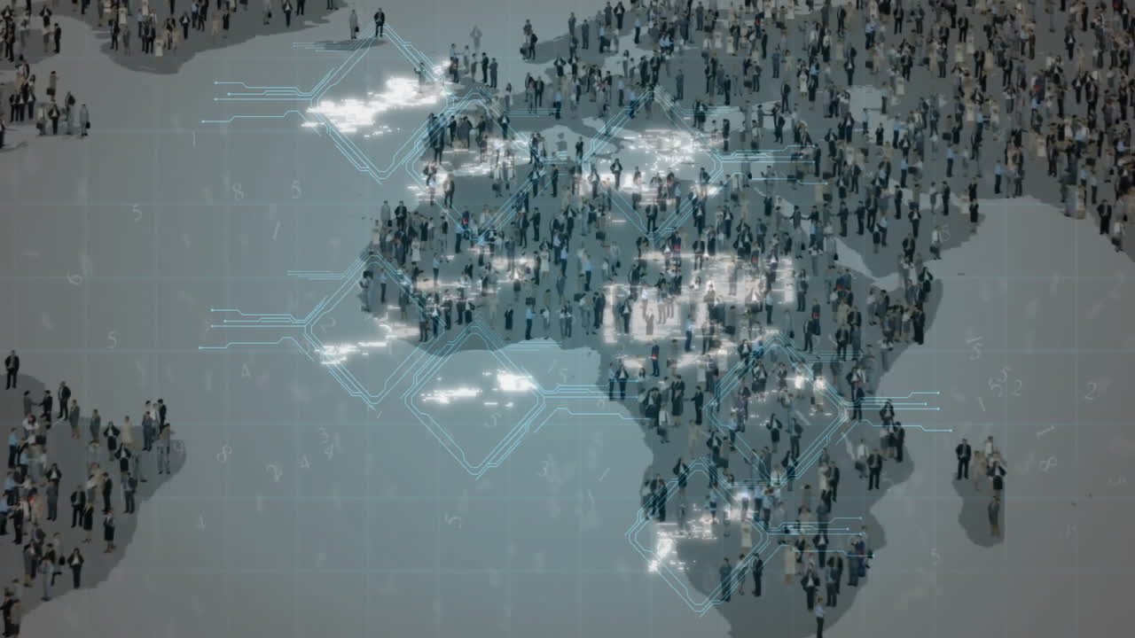 Animating digital security icons over crowd of people in urban setting