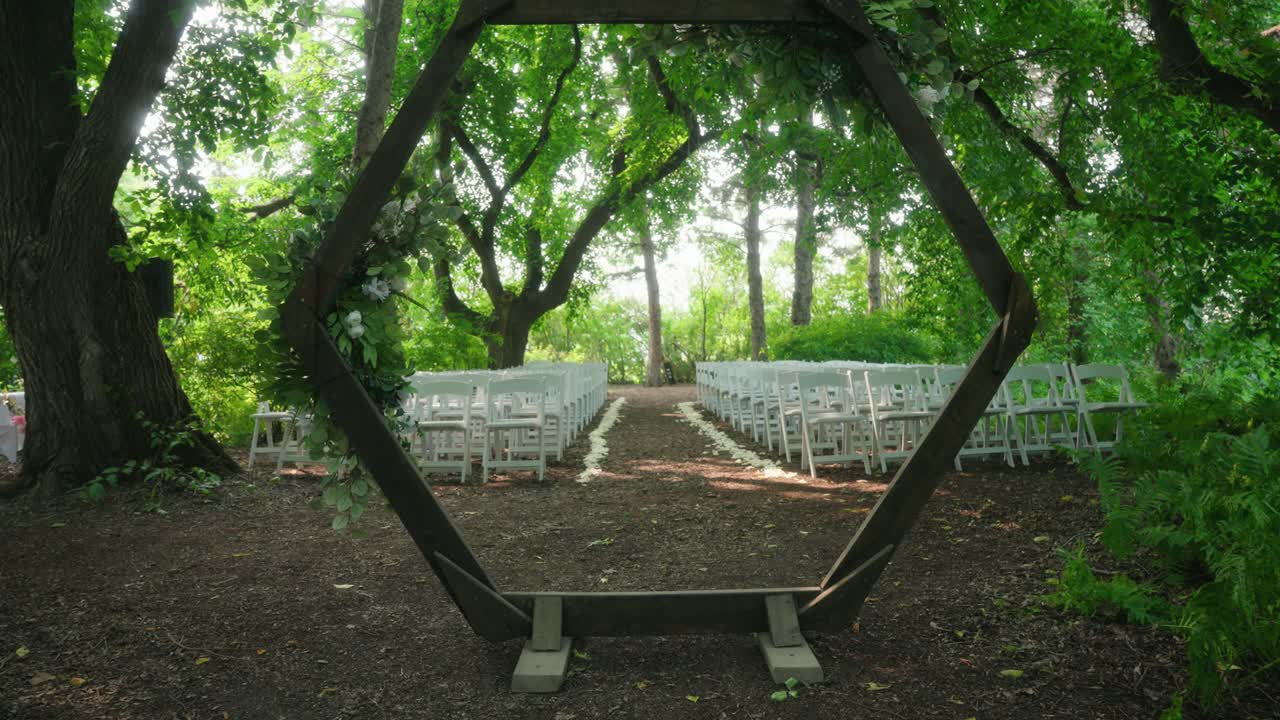 La telecamera si muove attraverso un arco esagonale per rivelare una location per matrimoni all'aperto vuota