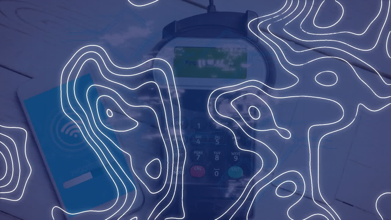 Animation of white map lines over smartphone and payment terminal on blue background