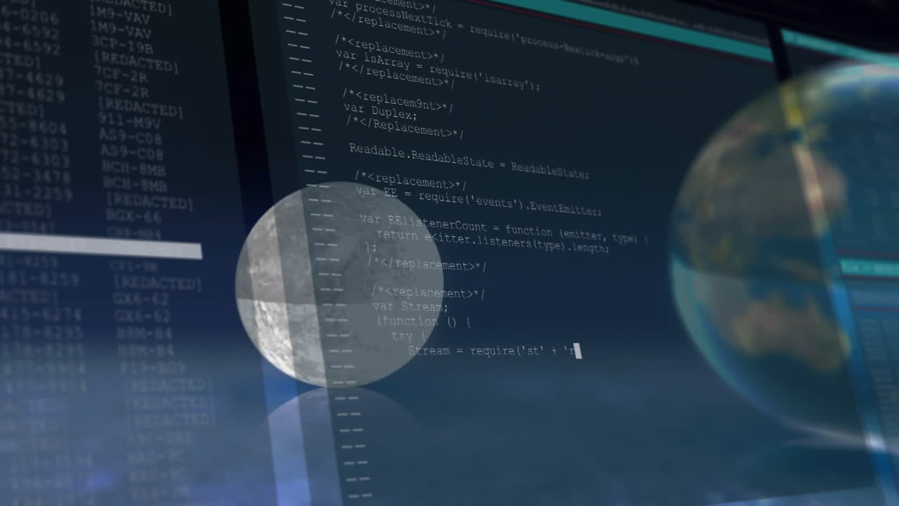 Coding interface with Earth and Moon animations overlaid on digital background